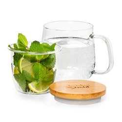 Klarstein Šalica za čaj s cedilom za čaj in pokrovom iz bambusa, 330 ml, dvojno steklo (BW-10274-001)