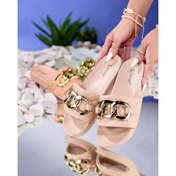 Resti Royalfashion Beige womens quilted flip-flops with gold chain Eteris
