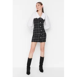 Trendyol Black A-Line Shirt Collar Tweed Mini Woven Dress