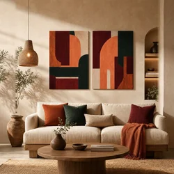 WallXpert set od 2 slike na platnu Huhu3202, apstraktni geometrijski oblici u narandžastoj, bordo i tamnozelenoj boji, 2 x 30 x 40 cm
