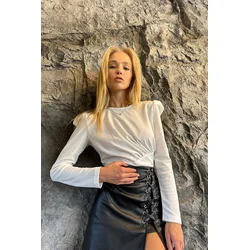 Trend Alacati Stili Ženska bluza dugih rukava ALC-X10906, Okrugli izrez, Bela