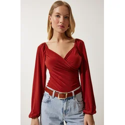 Happiness Istanbul Womens Tile Elastic Balloon Sleeve Sandy Knitted Blouse