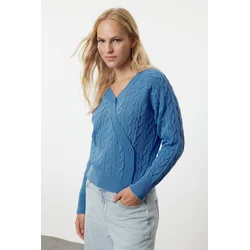 Trendyol Blue Asymmetric Button Detailed Knitwear Cardigan