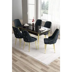 Hanah Home trpezarijski set Tia, sto i 6 stolica, ploča u dekoru crnog mermera, zlatne noge, antracit tkanina Babyface