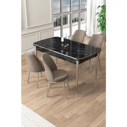 Hanah Home trpezarijski set Pale, sto na razvlačenje i 4 stolice, ploča u dekoru crnog mermera, hromirane noge, kapućino tkanina Babyface