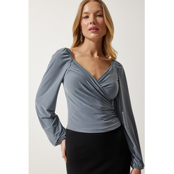 Happiness Istanbul Womens Gray Elastic Balloon Sleeve Sandy Knitted Blouse