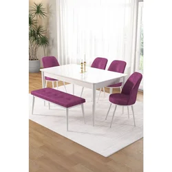 Hanah Home trpezarijski set Pir, sto, 4 stolice i klupa, bela ploča, ljubičasta tkanina Babyface
