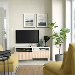 BESTA TV stalaža s fiokama, bela/Björköviken/Stubbarp brezov furnir, 120x42x48 cm