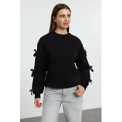 Trendyol Black Bow Detail Oversize/Wide Pattern Thick Polar Fleece Knitted Sweatshirt