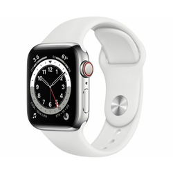 Apple Watch Series 6 (GPS + Cellular, 40mm, Silver Stainless Steel, White Sport Band)