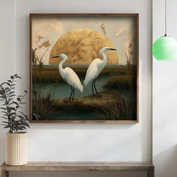WallXpert uramljena MDF slika DOS067-33, dve bele čaplje ispred zlatnog sunca, 34 x 34 cm