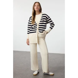 Trendyol Stone Button Detailed Jacquard Striped Cardigan Trousers Knitwear Bottom-Top Set