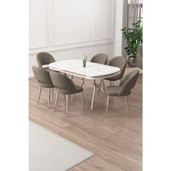 Hanah Home trpezarijski set Jita, sto i 6 stolica, ploča u dekoru belog mermera, hromirane noge, kapućino tkanina Babyface
