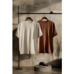 Trendyol Brown-Stone Oversize 2-Pack Basic 100% Cotton T-Shirt