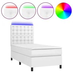 Vidaxl Box spring postelja z vzmetnico LED bela 90x200 cm umetno usnje