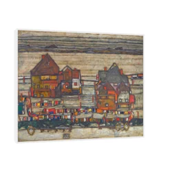 Canvas Slika na platnu Houses With Laundry, Egon Schiele, Sa ramom, 150 x 120 cm, Crni