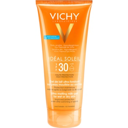 Vichy Idéal Soleil mliječni gel za vlažnu ili suhu kožu - ultra-melting SPF 30 (Improved Protection Even After Swimming, Waterproof, Hypoallergenic, No Paraben) 200 ml
