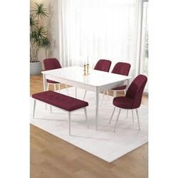 Hanah Home trpezarijski set Pir, sto, 4 stolice i klupa, bela ploča, bordo tkanina Babyface