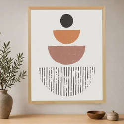WallXpert uramljena slika na platnu Cc-D-Ah-1048, crni krug i narandžasti i roze polukrugovi sa linijama, 45 x 60 cm