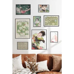 WallXpert set od 8 uramljenih slika Çgs-074, zeleni botanički motivi, beli labud i ilustracije devojaka u anime stilu, crni ram