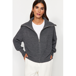 Trendyol Anthracite Zippered Turndown Collar Knitwear Cardigan
