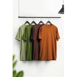 Trendyol Brown-Khaki-Orange-Light Green Slim/Slim Cut 4-Piece Basic 100% Cotton T-Shirt