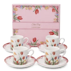 Komplet 4 skodelic za espresso s krožniki 100 ml Tulipani kot darilo