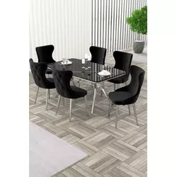 HANAH HOME Rasklopivi trpezarijski sto i stolice (7 delova) Esla Black Marble Chrome Black