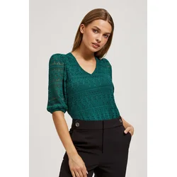 Marisse Emerald Lace Blouse With Puffed Sleeves