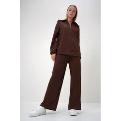 Trend Alaçati Stili Womens Brown Polo Collar Zippered Jacket and Trousers Set