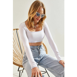 Bianco Lucci Womens Long Sleeve Square Collar Crop Blouse