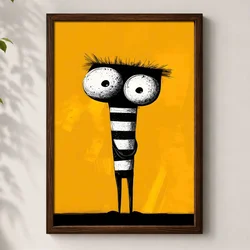 WallXpert uramljena MDF slika 3752KACT-065, stilizovani lik sa velikim očima i prugastim telom na žutoj pozadini, 37 x 52 cm