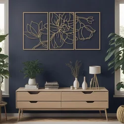 WallXpert metalni zidni ukras DCV-1117-MT, linijski cvetovi u 3 rama, 3 dela, 30 x 50 cm, zlatni