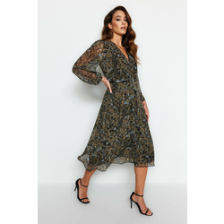 Trendyol Green With Belt A-Line Midi, Double Breasted Collar Patterned Chiffon Dress, Woven Dress