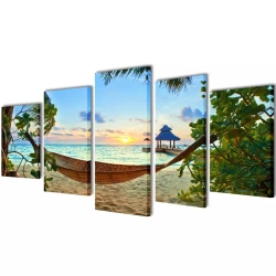 Zidne Slike na Platnu s Printom Plaže i Viseće Mreže 100 x 50 cm