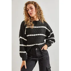Bianco Lucci Womens Striped Balloon Sleeve Honeycomb Knitted Sweater
