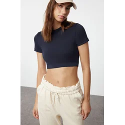 Trendyol Dark Navy Blue Crop Lightly Supported Soft Textured Crew Neck Knitted Sports Top/Blouse