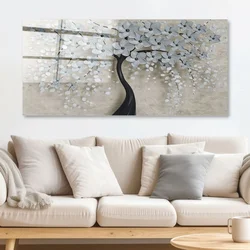 WallXpert slika na kaljenom staklu CAM9608, drvo sa srebrnosivim cvetovima na bež pozadini, 50 x 120 cm