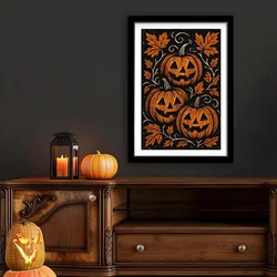 WallXpert uramljena MDF slika 3752HALCT-011, Noć veštica, tri bundeve sa licem među jesenjim lišćem, 37 x 52 cm