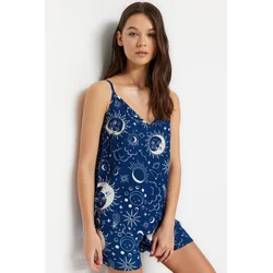 Trendyol Indigo Galaxy Patterned Viscose Woven Pajama Set with Rope Straps