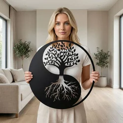 WallXpert metalni zidni ukras 5201, drvo života sa korenjem u krugu jin i janga, 60 x 60 cm, crni