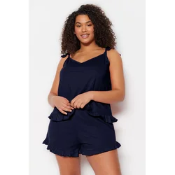 Trendyol Curve Navy Blue Strap Knitted Ruffle Detail Pajama Set