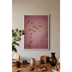 WallXpert uramljena slika 115206, jato zlatnih ždralova na ružičastoj pozadini, 30 x 40 cm, beli ram