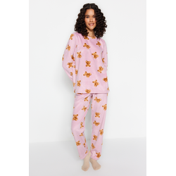 Trendyol Pink Fleece Teddy Bear Patterned Tshirt-Pants Knitted Pajamas Set