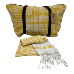 Elegantni komplet torbe za plažo + brisače HAMAM 75x150 cm, oker rumena
