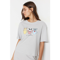 Trendyol Light Gray 100% Cotton Fun Printed T-shirt-Pants and Knitted Pajamas Set