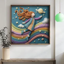 WallXpert uramljena MDF slika DOS020-50, devojka lebdi iznad duge među zvezdama, filcani reljef, 50 x 50 cm
