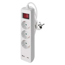 Podaljšek 2 m/3 vtičnice/s stikalom/beli/1× USB-A + 1× USB-C/1,5 mm2