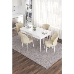 Hanah Home trpezarijski set Eva, sto na razvlačenje i 4 stolice, bela ploča, krem tkanina Babyface