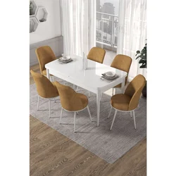 Hanah Home trpezarijski set Via, sto na razvlačenje i 6 stolica, bela ploča, kapućino tkanina Jerry